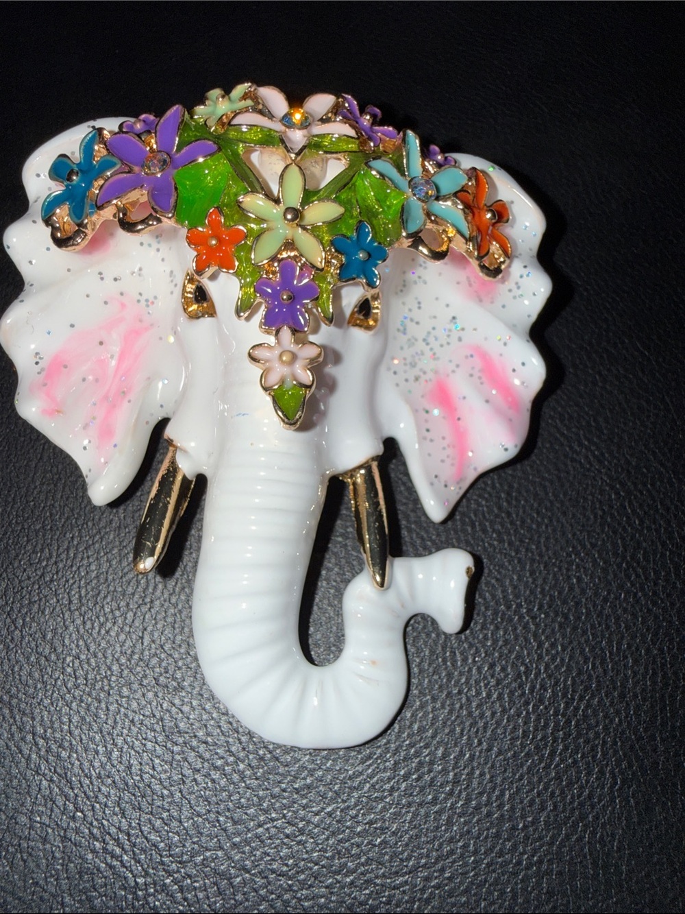 White Enamel Elephant Wall Accent with Multicolor Floral Detail